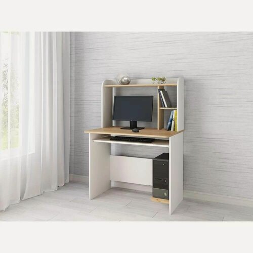 Изображение товара Компьютерный стол Грета-2 Белый с тиснением "Древесные поры"/Дуб Крафт Золотой, ЛДСП, с полками, для гостиной, спальни, кабинета, 1300х900х600, тэкс