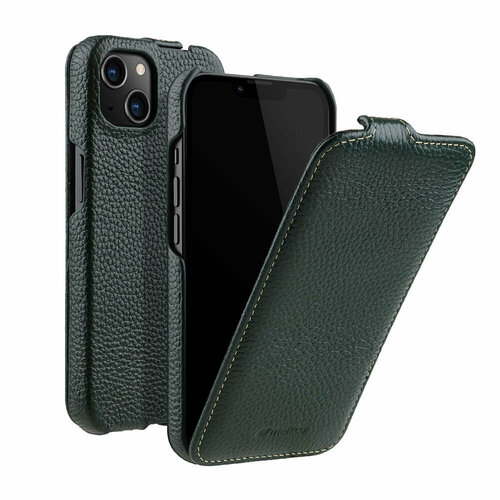 фото Кожаный чехол флип melkco для apple iphone 13 (6.1") - jacka type, темно-зелёный