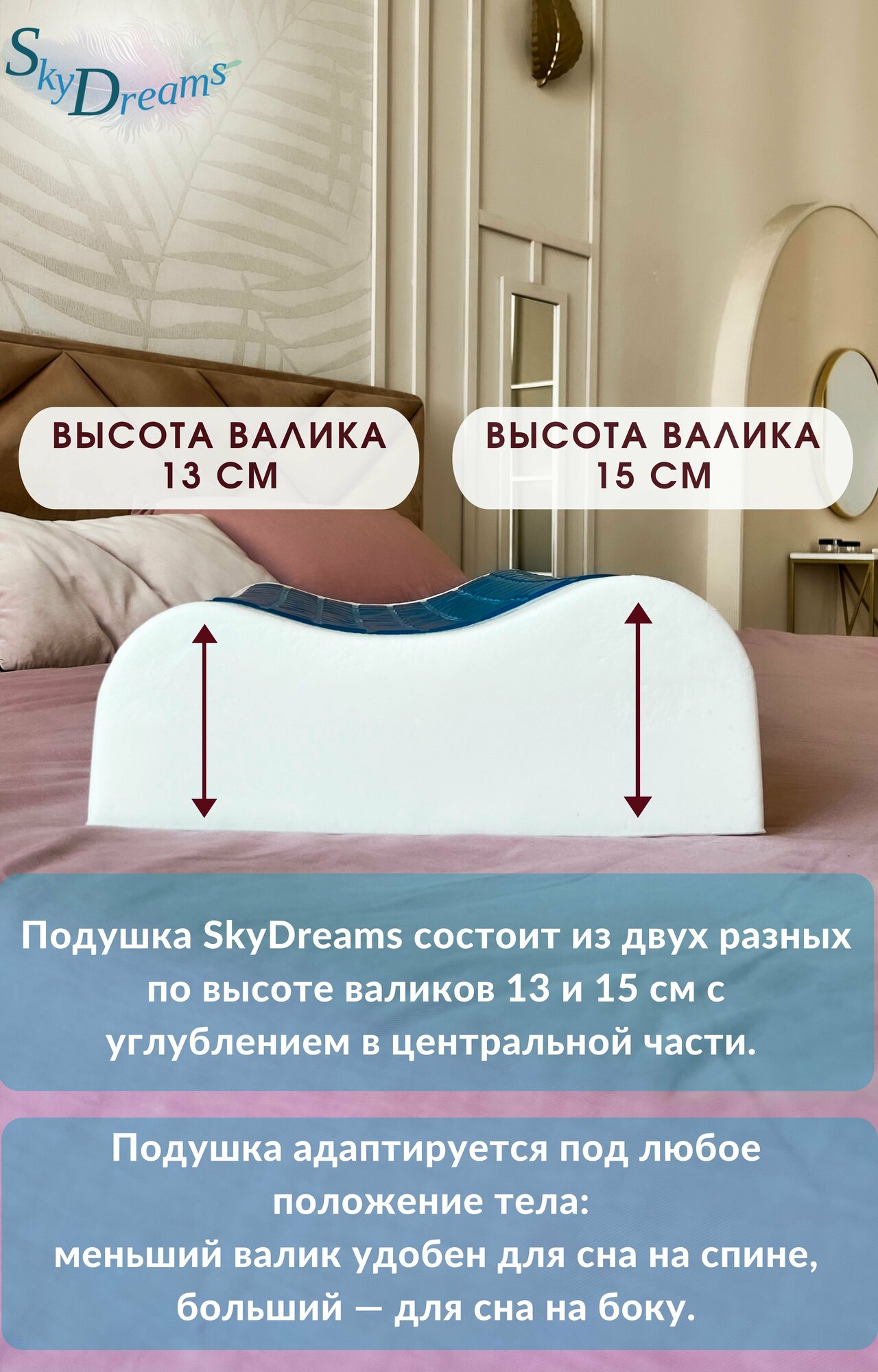 SkyDreams Ортопедическая подушка WAVE GEL с охлаждающим гелем и эффектом памяти, 60х40х15/13 см, хлопок — фото 1