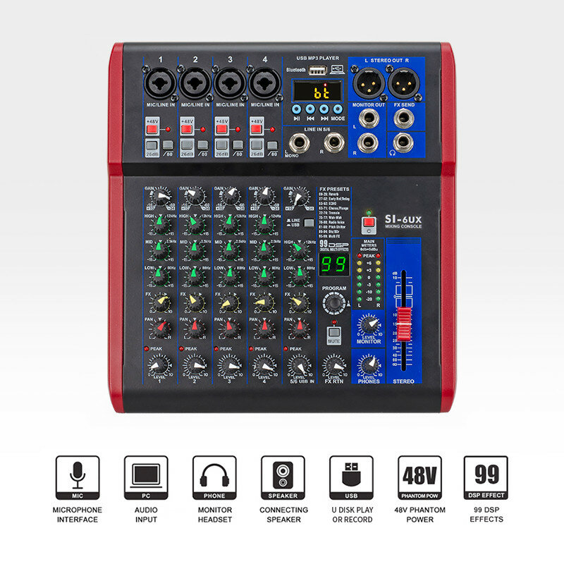 Микшерный пульт 6 каналов + USB + bluetooth