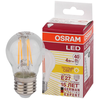 Лампочка светодиодная филаментная OSRAM LED Star, 470лм, 4Вт, 2700К (теплый белый свет), Цоколь E27, колба P, шар