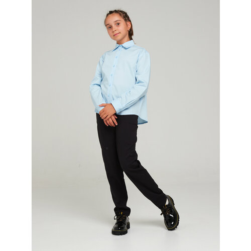 фото Школьная блуза kupifartuk, полуприлегающий силуэт, на пуговицах, длинный рукав, без карманов, однотонная, размер 140, голубой