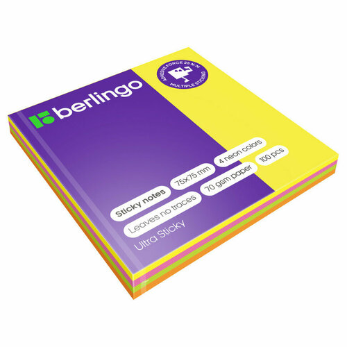 Самоклеящийся блок Berlingo "Ultra Sticky", 75*75мм, 100л, 4 неоновых цвета, 270286
