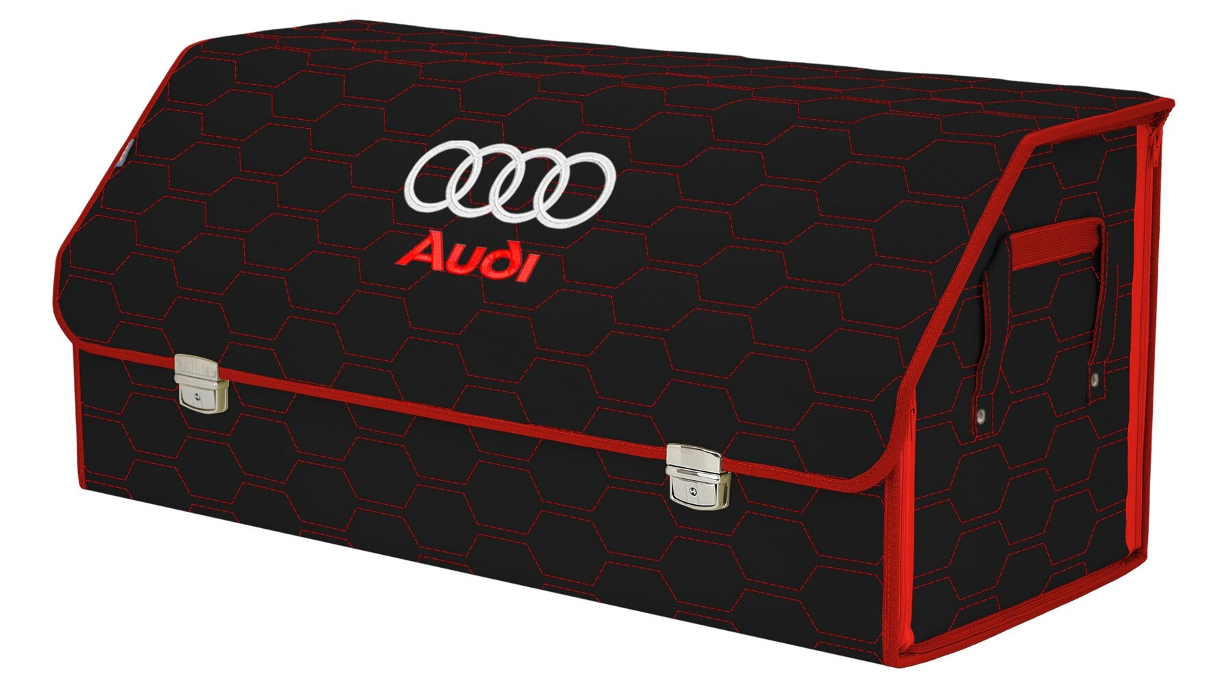 Органайзер-саквояж в багажник "Союз Премиум" (размер XXL). Цвет: черный с красной прострочкой Соты и вышивкой Audi (Ауди).