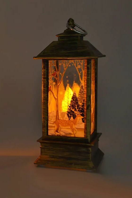 Елочное украшение светильник новогодний фонарь с подсветкой "Олень в зимнем лесу" 14 см