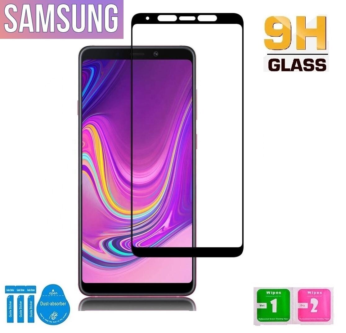 Комплект 5 шт: Защитное стекло для Samsung Galaxy A9 (2018)  черная рамка.