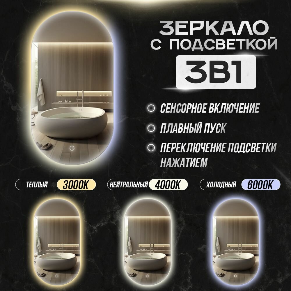 Зеркало для ванной Kapsula 90*50 овальное "парящее" с LED-подсветкой 3в1
