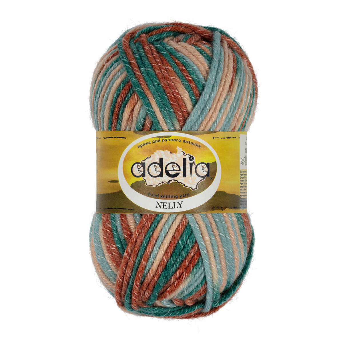 Пряжа ADELIA "NELLY" 70% шерсть, 30% акрил 100 г 100 м №32 св.бежевый-терракотовый-серо-голубой-изумрудный