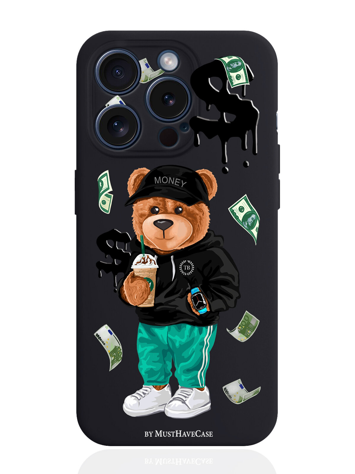 Чехол для смартфона iPhone 15 Pro черный силиконовый Tony Bear/ Мишка Тони