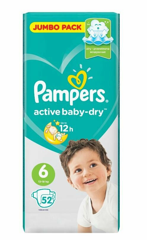 Подгузники Pampers Active Baby-Dry 6 размер, 13-18 кг, 52 шт