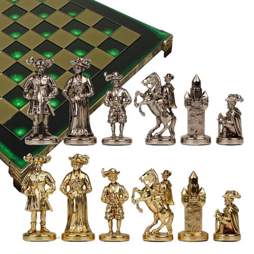 Шахматный набор "Рыцари Средневековья" (зелен. мет. доска 44х44 см, дер. короб, фигуры золото/серебро) (Manopulos MP-S-12-44-GRE)