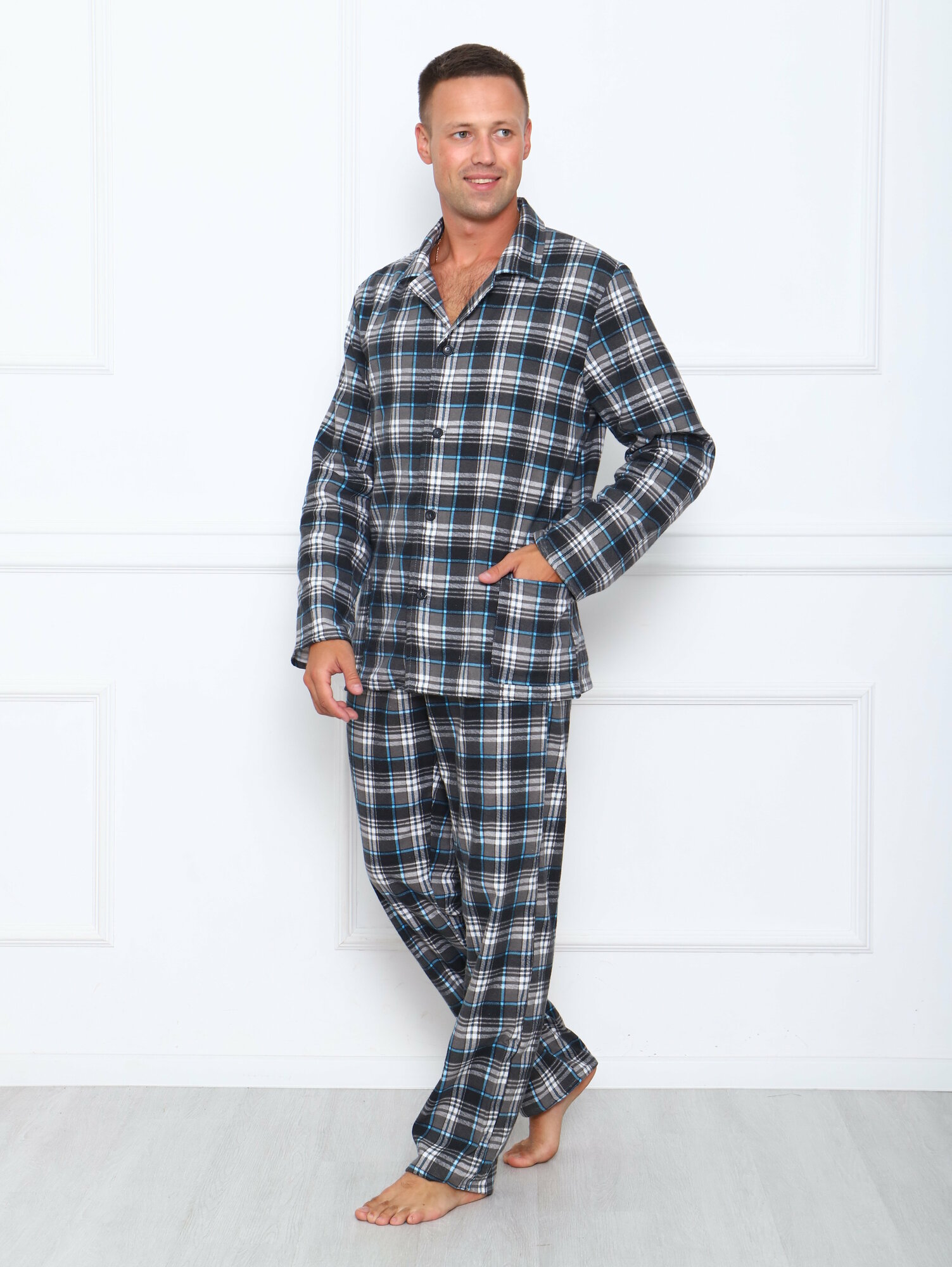 Пижама мужская в клетку из фланели,цвет серый-52 - фотография № 4