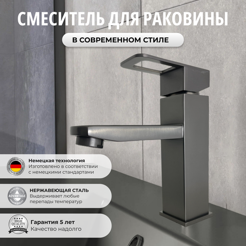 фото Смеситель для раковины графитовый / смеситель для умывальника в ванную комнату / нержавеющая сталь / графитовый
