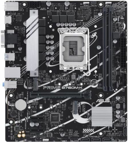 Материнская плата mATX ASUS PRIME B760M-K (LGA1700, B760, 2*DDR5(8000), 4*SATA3 RAID, 2*M2, Audio, Gb LAN, USB 3.2, USB 2.0, HDMI, VGA)