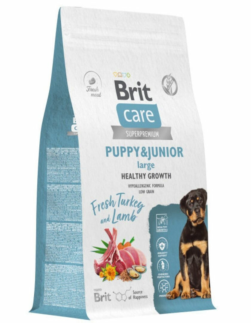 Сухой корм для щенков крупных пород Brit Care Dog Puppy&Junior L Healthy Growth Индейка и ягненок 1,5 кг