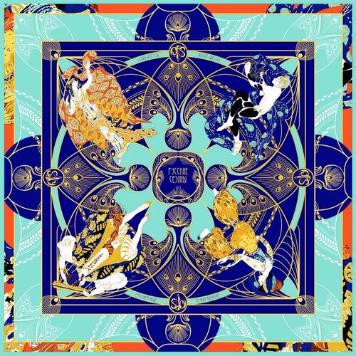 Платок Русские в моде by Nina Ruchkina, 90х90 см, синий, бирюзовый