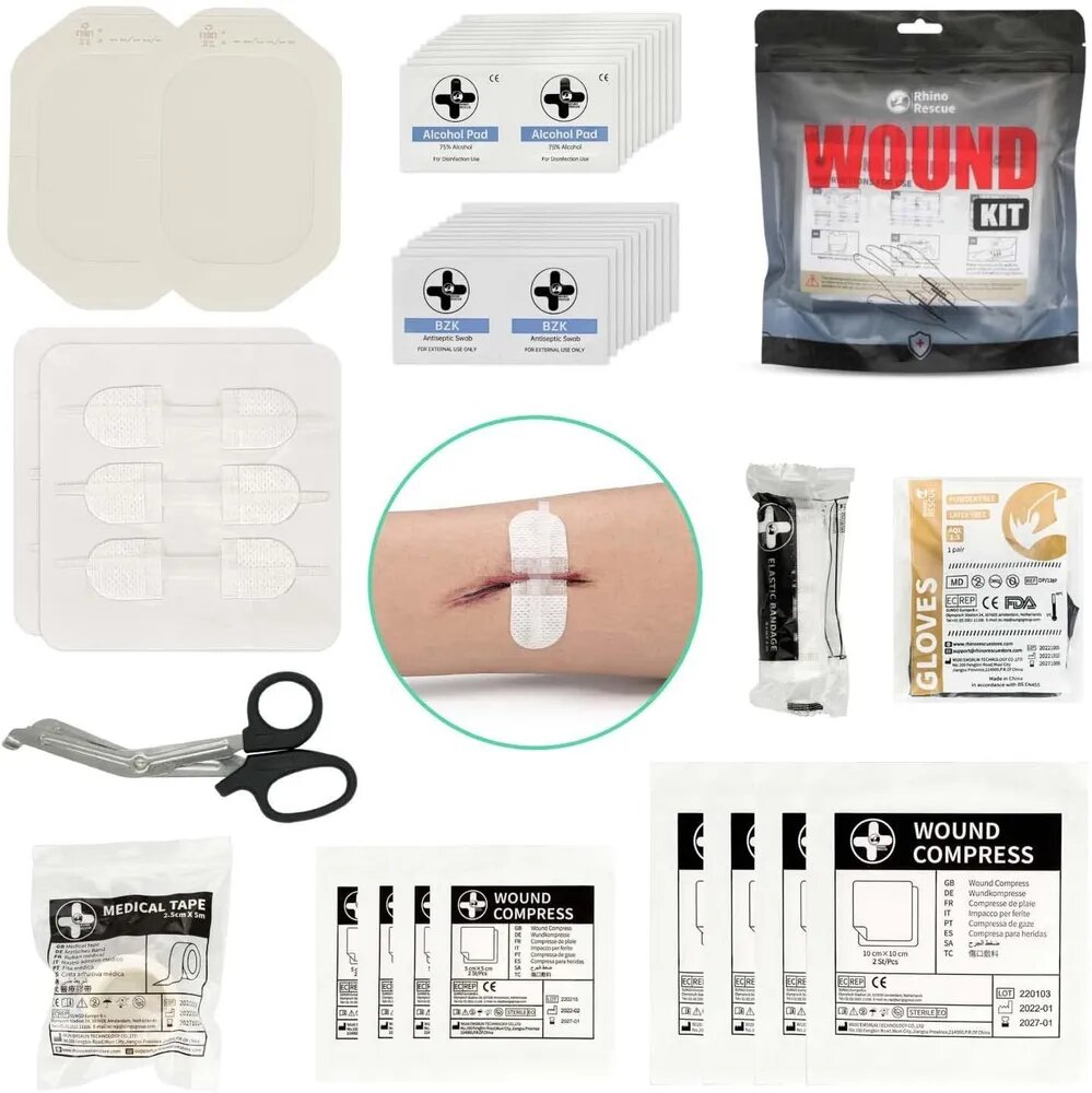 Комплект 2шт Rhino Rescue Набор для ухода за ранами WOUND CLOSURE KIT 9 вложений Тактический/медицинской помощи/боевой/аварийный набор/sos помощь