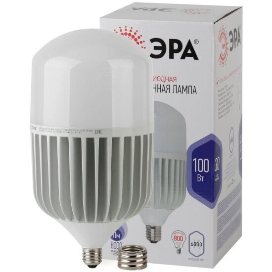 Светодиодная лампа Эра высокомощная STD LED POWER T160-100W-6500-E27/E40 100Вт T160 колокол 6500К нейтр. бел. E27/E40 (переходник в компл.) 8000лм Б00