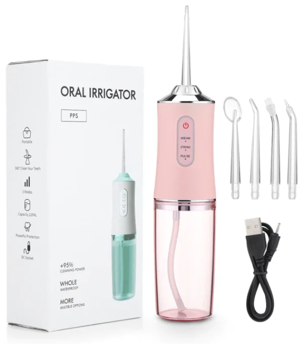 Ирригатор портативный беспроводной для очистки полости рта 4 насадки ORAL IRRIGATOR (флоссер) с USB зарядкой, розовая