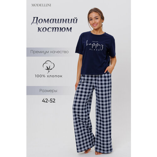 фото Комплект modellini, брюки, футболка, короткий рукав, пояс на резинке, трикотажная, размер 44, синий