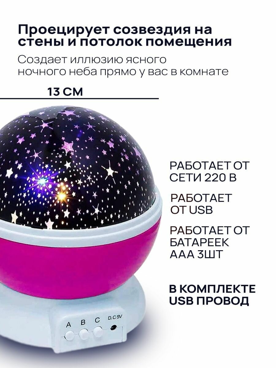 Ночник-проектор звездного неба Star Master с USB-кабелем розовый - фотография № 5