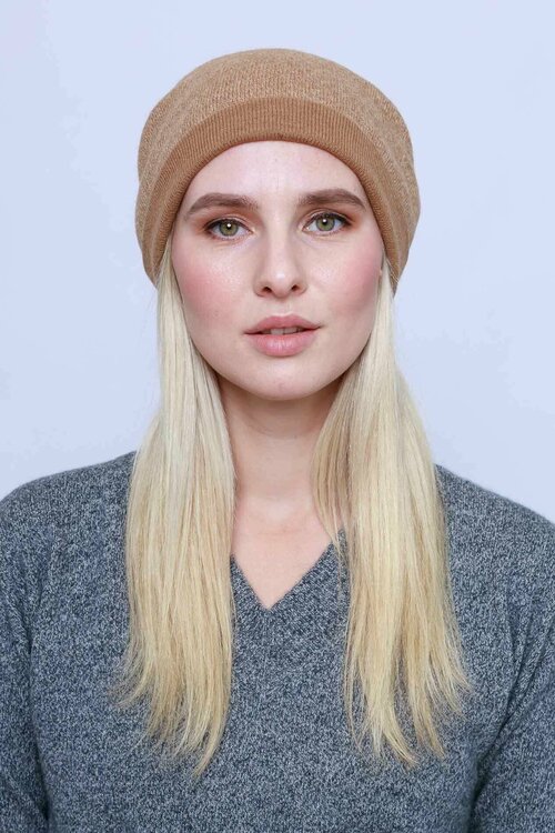 Шапка бини KHAN Cashmere, размер универсальный, бежевый, коричневый