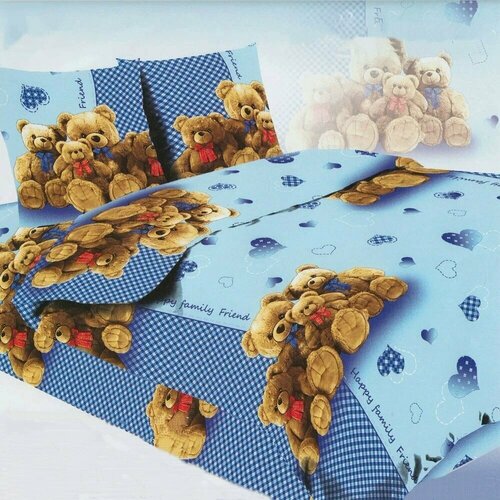 Детское постельное белье бязь медвежата (вид 1 синий) 1,5 спальное (детские расцветки)