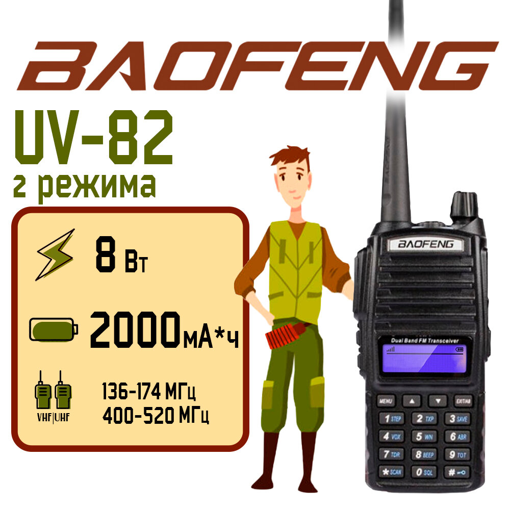 Рация Baofeng UV-82 (8W) Черная 2 режима / Портативная радиостанция Баофенг для охоты и рыбалки с аккумулятором на 2000 мА*ч и радиусом 10 км