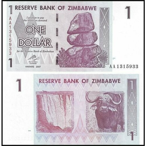 Банкнота Зимбабве 1 доллар 2007 год UNC банкнота зимбабве 1997 год 5 unc