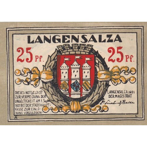 Германия (Веймарская Республика) Лангензальца 25 пфеннигов 1921 г. (№1)