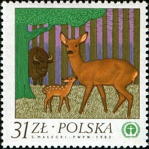 (1983-007) Марка Польша Косуля и Зубр Охрана природы III Θ