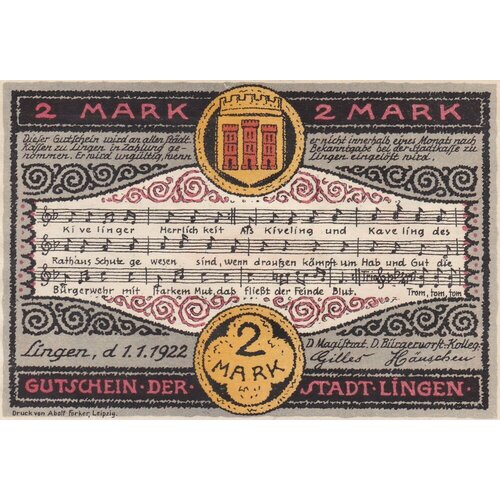 Германия (Веймарская Республика) Линген 2 марки 1922 г. германия веймарская республика вайнхайм 2 марки 1922 г