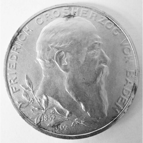 (1902) Монета Германия (Баден) 1902 год 5 марок Фридрих I 50 лет правления Серебро Ag 900 XF клуб нумизмат монета 5 марок бадена 1906 года серебро фридрих и луиза