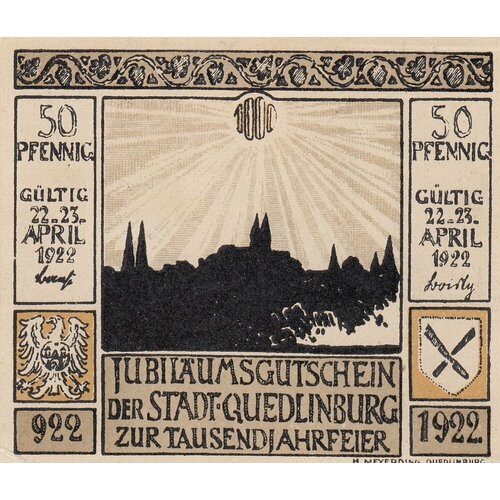 Германия (Веймарская Республика) Кведлинбург 50 пфеннигов 1922 г. (№1) германия веймарская республика гох 50 пфеннигов 1922 г 1