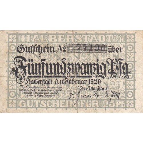 Германия (Веймарская Республика) Хальберштадт 25 пфеннигов 1920 г.