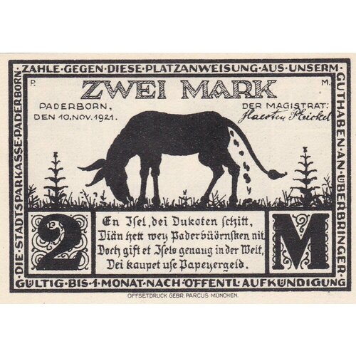 Германия (Веймарская Республика) Падерборн 2 марки 1921 г. (№2) германия веймарская республика падерборн 50 пфеннигов 1921 г 2 2