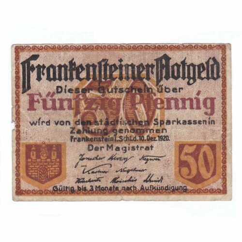 Германия (Веймарская Республика) Франкенштайн 50 пфеннигов 1920 г. германия веймарская республика беннекенштайн 50 пфеннигов 1920 г