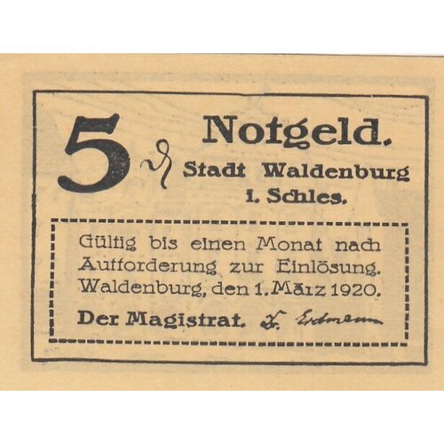 Германия (Веймарская Республика) Вальденбург 5 пфеннигов 1920 г. (№1) германия веймарская республика вальденбург 5 пфеннигов 1921 г