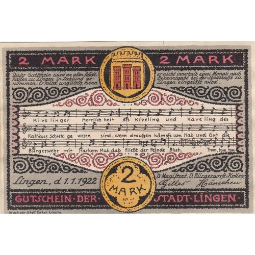 Германия (Веймарская Республика) Линген 2 марки 1922 г. (2) германия веймарская республика вайнхайм 2 марки 1922 г