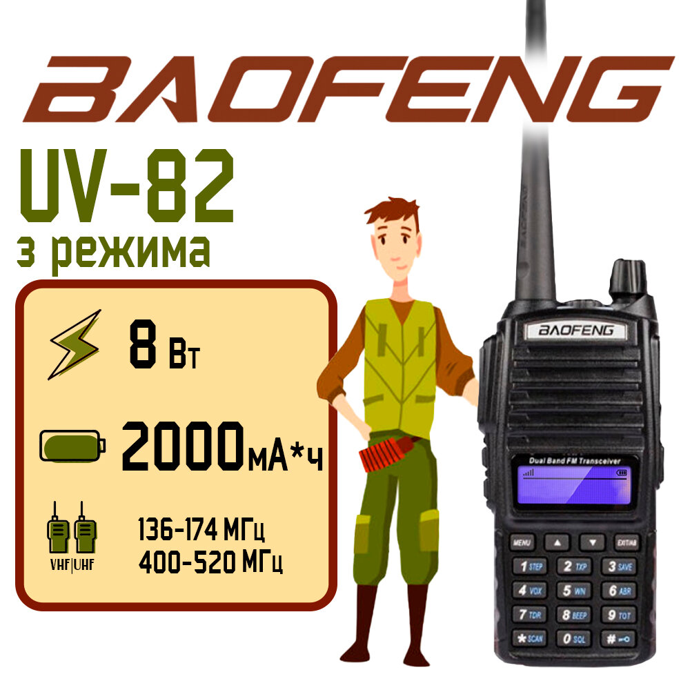 Рация Baofeng UV-82 (8W) Черная 3 режима / Портативная радиостанция Баофенг для охоты и рыбалки с аккумулятором на 2000 мА*ч и радиусом 10 км