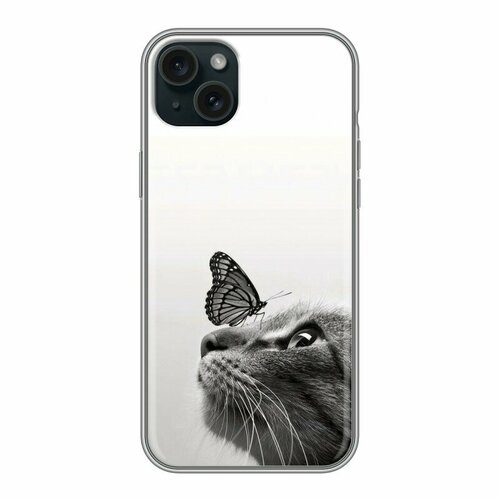 Дизайнерский силиконовый чехол для Айфон 15 Плюс / Iphone 15 Plus Кот и бабочка силиконовый чехол любопытный кот на apple iphone 15 plus айфон 15 плюс