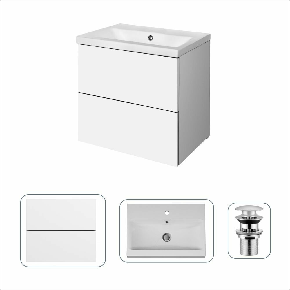 фото Тумба с раковиной в ванную AM.PM с металлическим донным клапаном, подвесная, 60 см, 2 ящика push-to-open, белый глянец, эмалевое покрытие,