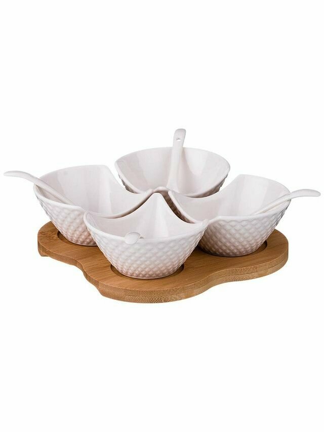 фото Менажница 4-х секционная / фарфор, на деревянной подставке / Lefard, Диаманд, Голд, 9 предметов