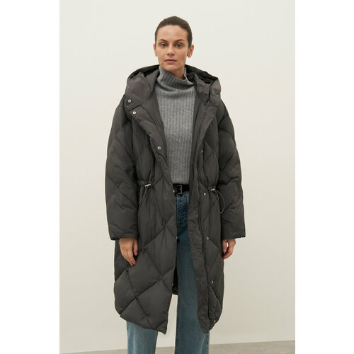 фото Пальто finn flare, средней длины, силуэт свободный, пояс/ремень, капюшон, размер s, серый