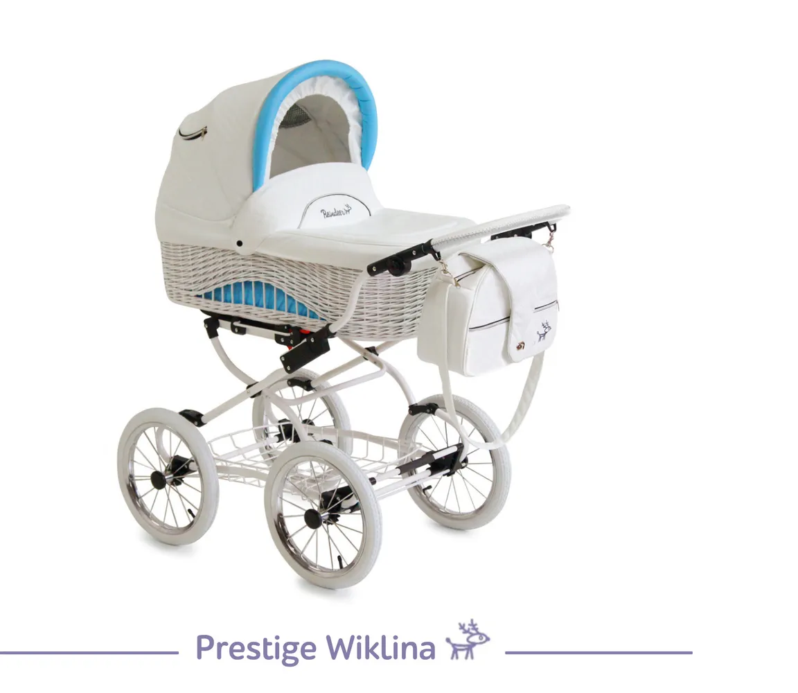 Коляска детская Reindeer Prestige Wiklina set 4 люлька+автокресло, цвет белый+голубой (W2), увеличенная люлька, для прогулок, всесезон