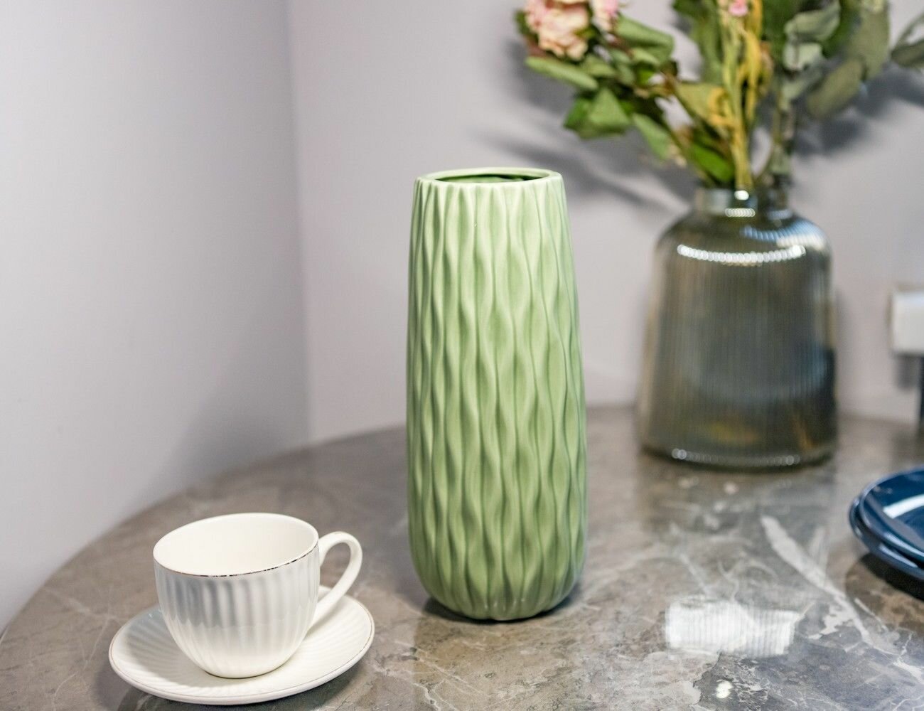 Керамическая ваза фрескецца мелкие волны, салатовая, 25 см, Boltze 2017539-2