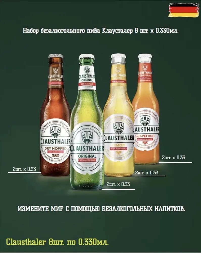 Набор безалкогольного пива Clausthaler (Клаусталер) 8шт. (DRY HOPPED, CLASSIC, LEMON, GRAPEFRUIT) mix 2x4