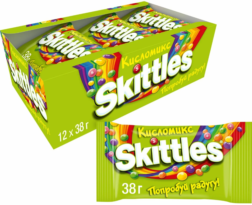 Skittles Кисломикс драже в разноцветной сахарной глазури, 38 г, 12 уп. (зеленый)