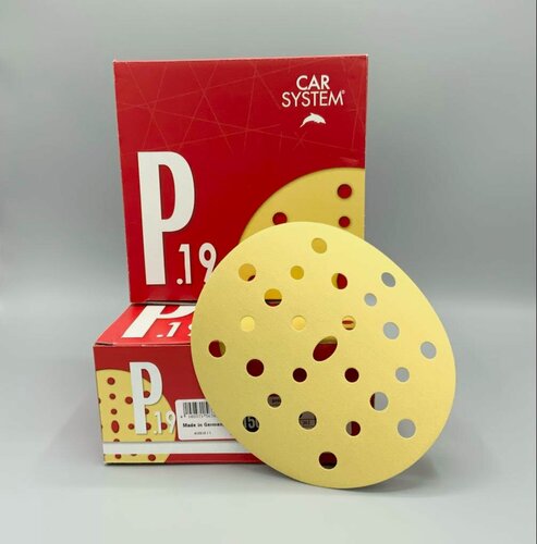 Изображение товара Круг шлифовальный P19 Carsystem, D-150 мм, P 240 на липучке, 25 отверстий, золотой на бумажной основе, (уп. 50 шт.)