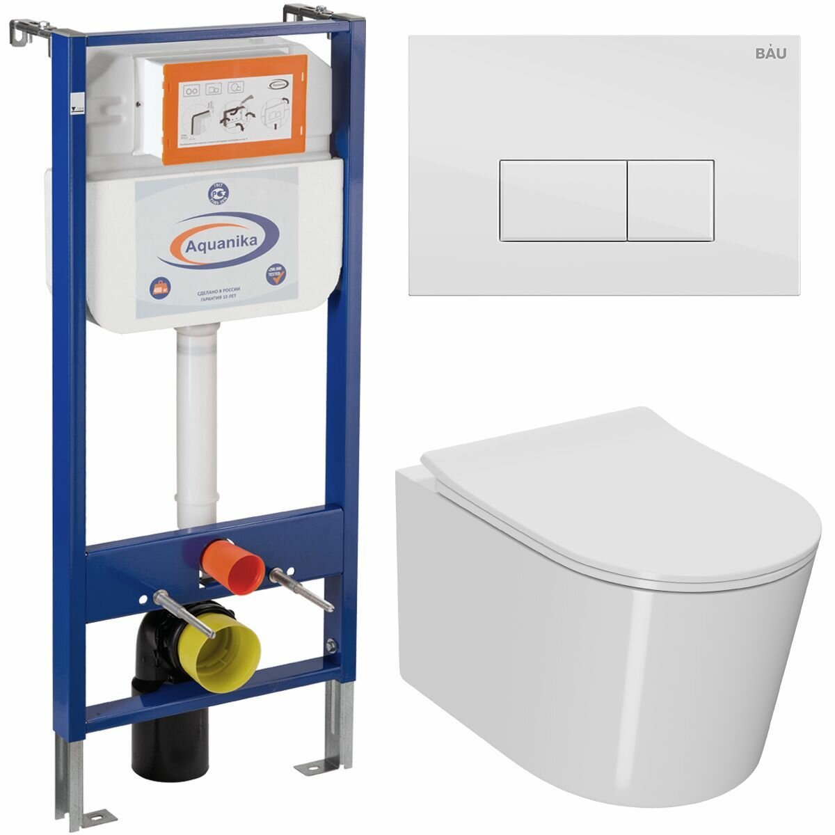 фото Комплект BAU 6 в 1: инсталляция BAU Aquanika, унитаз безободковый Bau Hotel PRO, сиденье микролифт, прямоугольная белая клавиша